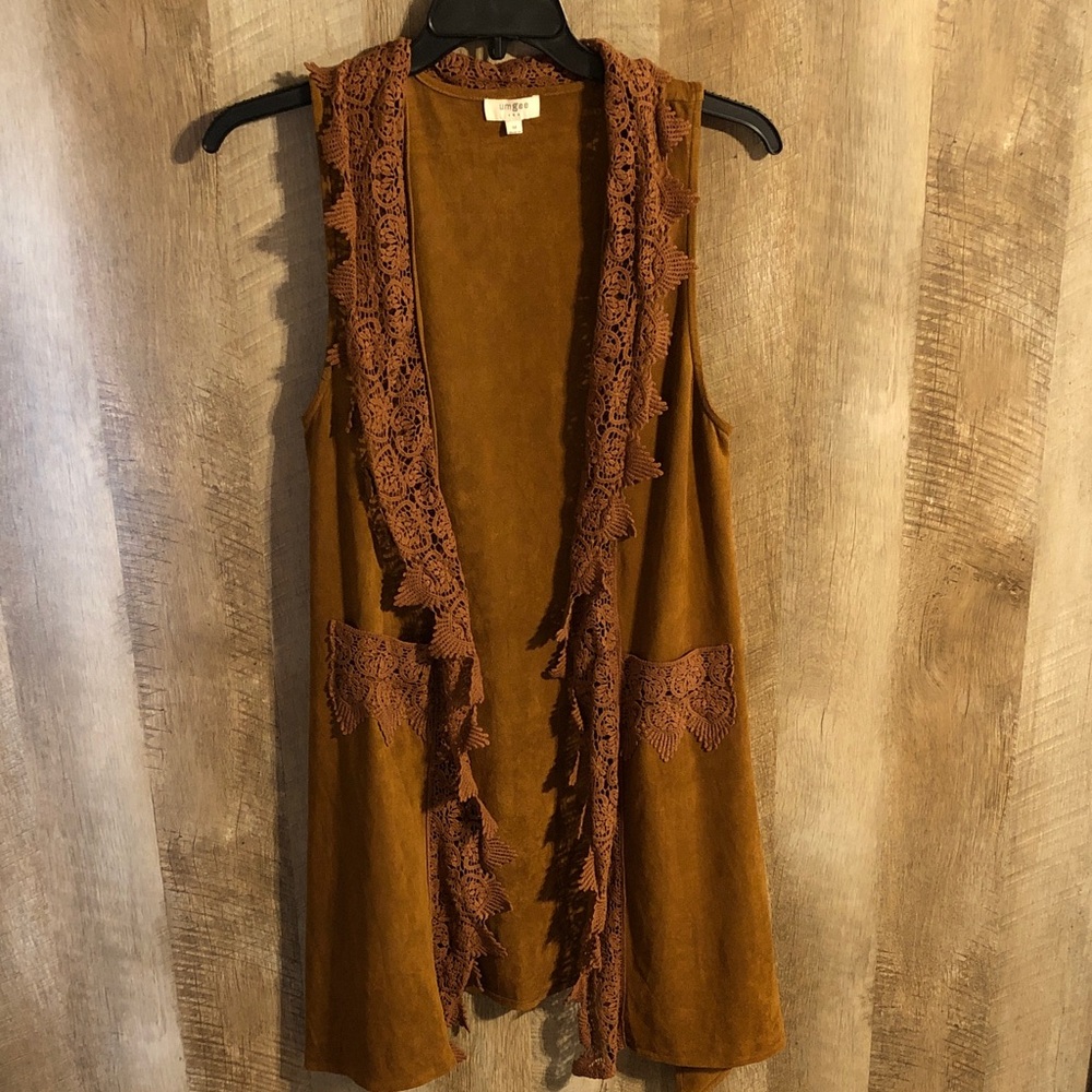 Umgee Brown Crochet-Trim Suede-Look Duster